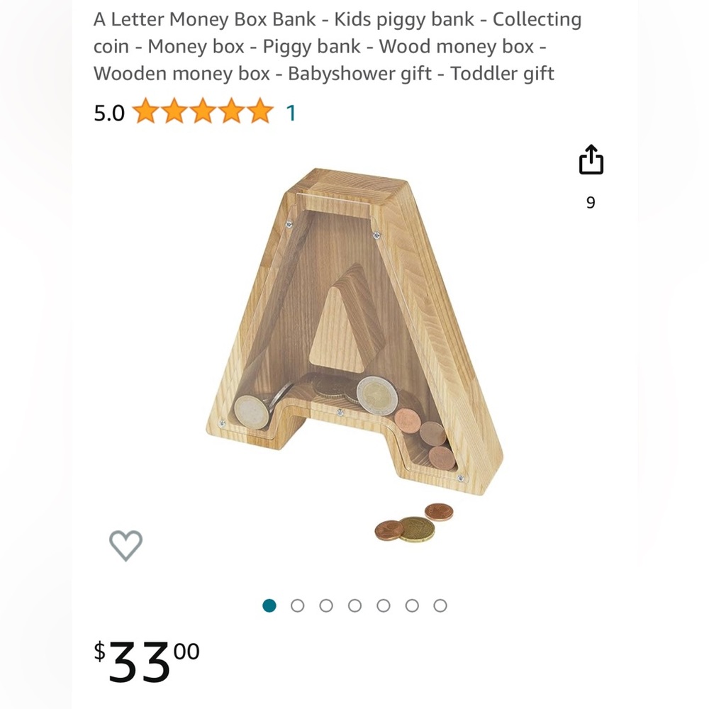 (Never used) Wooden Letter “A” Piggy Bank - Picture 4 of 14